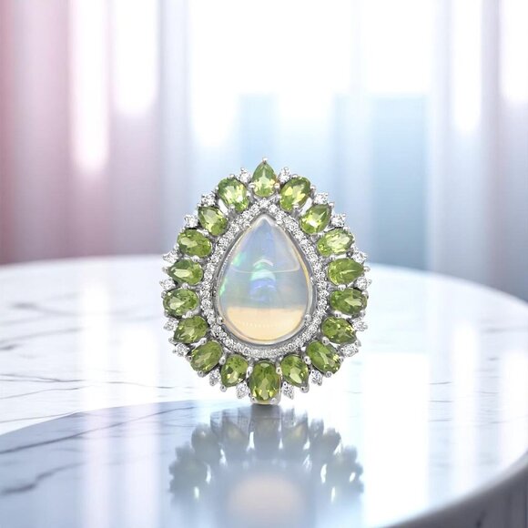 Opal and Peridot Statement Ring in 925 Sterling Silver